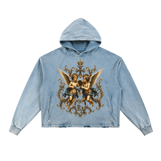 Blue Vintage Washed Frayed-Hem Hoodie