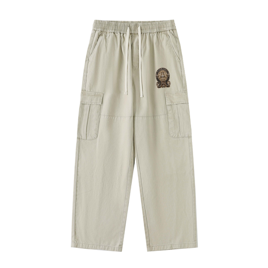 Light Gray Drawstring Waist Straight-Leg Cargo Pants
