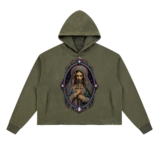 Army Green Vintage Washed Frayed-Hem Hoodie